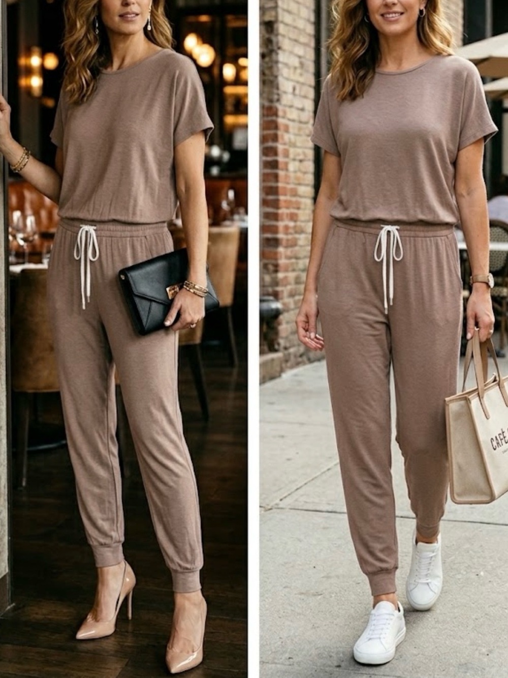 Albion One Piece Jumpsuit XS Taupe Short Sleeves Tapered Stretch Travel Lounge